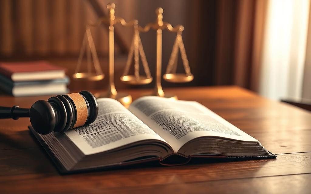 A Law Book, Gavel, And Scales Of Justice On A Wooden Desk, Illuminated By Warm, Directional Lighting. The Foreground Features The Open Book, Accentuating Its Authoritative Presence. The Middle Ground Showcases The Gavel And Scales, Symbolizing The Balance Of Power And Impartiality Of The Legal System. The Background Is Softly Blurred, Creating A Sense Of Focus On The Core Legal Elements. The Overall Mood Is One Of Professionalism, Credibility, And The Protective Nature Of The Law.
