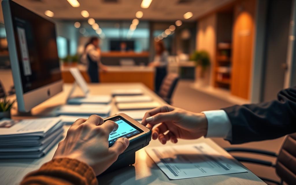A Modern Office Interior With A Large Desk, Computer Monitor, And Various Financial Documents. A Person'S Hands Are Visible, Interacting With A Payment Terminal Displaying An Ebt (Electronic Benefits Transfer) Transaction. The Scene Is Illuminated By Warm, Directional Lighting, Creating A Sense Of Focus And Attention To Detail. The Background Is Blurred, Suggesting A Professional, Business-Like Atmosphere. The Overall Mood Conveys A Sense Of Vigilance And Oversight In Monitoring Ebt Transactions.