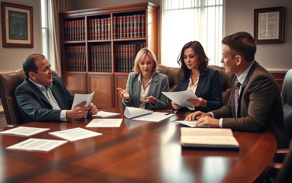 A Boardroom Setting With A Large Wooden Table And Plush Leather Chairs. In The Foreground, A Diverse Group Of Professionals - A Man In A Suit, A Woman In A Blouse And Blazer, And Another Person In Casual Attire - Engaged In A Serious Discussion, Gesturing Toward Documents And Papers Laid Out Before Them. Soft, Warm Lighting Filters Through The Windows, Creating A Contemplative Atmosphere. In The Background, A Bookshelf Filled With Legal Tomes And A Framed Diploma On The Wall, Subtly Hinting At The Legal Expertise Present. The Overall Scene Conveys The Gravity And Importance Of The Employment Case Strategies Being Discussed. A Boardroom Setting With A Large Wooden Table And Plush Leather Chairs. In The Foreground, A Diverse Group Of Professionals - A Man In A Suit, A Woman In A Blouse And Blazer, And Another Person In Casual Attire - Engaged In A Serious Discussion, Gesturing Toward Documents And Papers Laid Out Before Them. Soft, Warm Lighting Filters Through The Windows, Creating A Contemplative Atmosphere. In The Background, A Bookshelf Filled With Legal Tomes And A Framed Diploma On The Wall, Subtly Hinting At The Legal Expertise Present. The Overall Scene Conveys The Gravity And Importance Of The Employment Case Strategies Being Discussed.