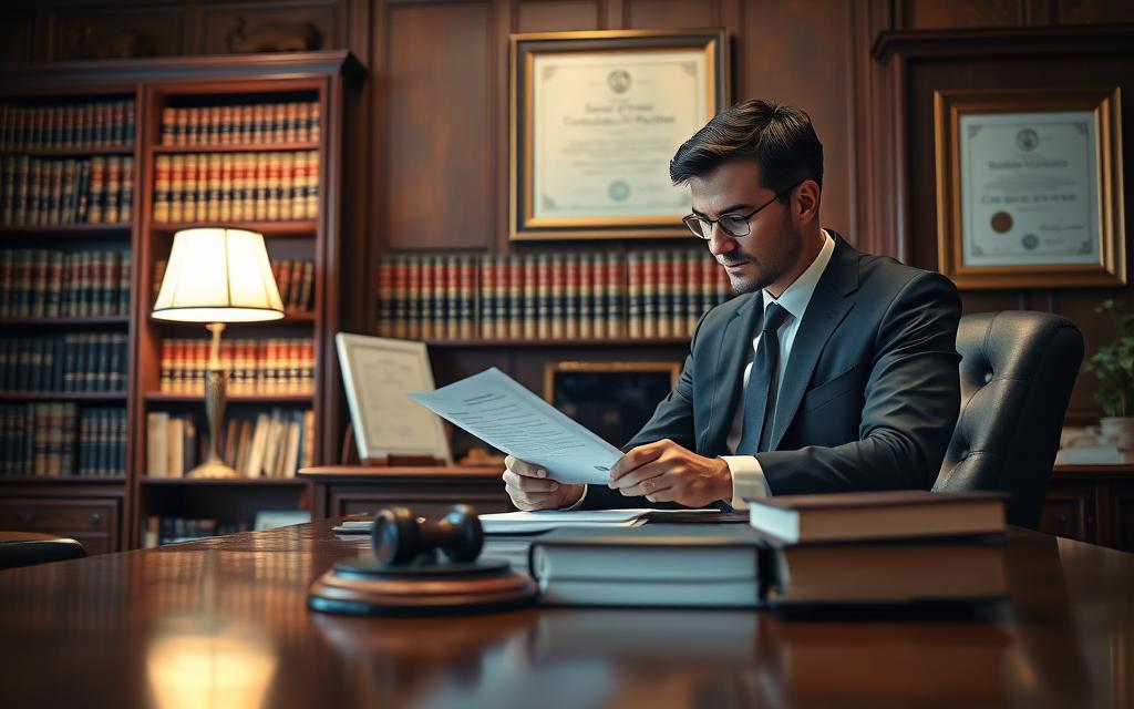A Well-Lit, High-Resolution Image Of A Lawyer'S Office, With A Wooden Desk In The Foreground, A Bookshelf Filled With Law Books In The Middle Ground, And A Large, Framed Certificate On The Wall In The Background. The Lawyer, Dressed In A Sharp Suit, Is Seated At The Desk, Intently Studying Documents. The Overall Atmosphere Conveys Professionalism, Expertise, And A Strong Commitment To Defending The Rights Of The Client. The Lighting Is Warm And Focused, Creating A Sense Of Purpose And Determination.